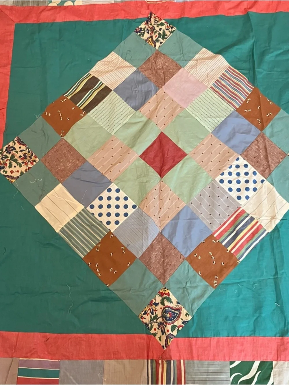 VTG Handmade Hand Pieced Stitched Scrap  57x63 Quilt Top Farmhouse Cottagecore